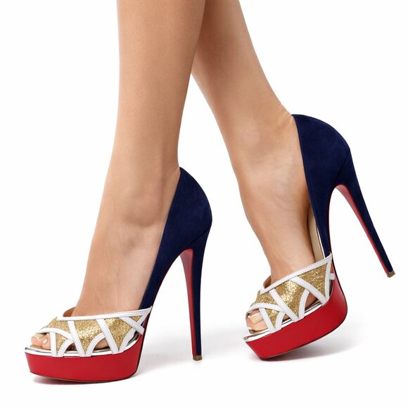 Christian Louboutin Shoes - Christian Louboutin Navy Suede & Gold Glitter Platform Red Sole Heels, 39 / 8.5